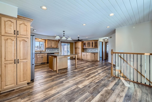 kitchen featuring a center island, backsplash, wood ceiling, and dark wood-type flooring