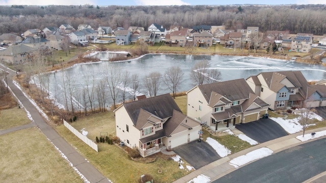 aerial view featuring a water view