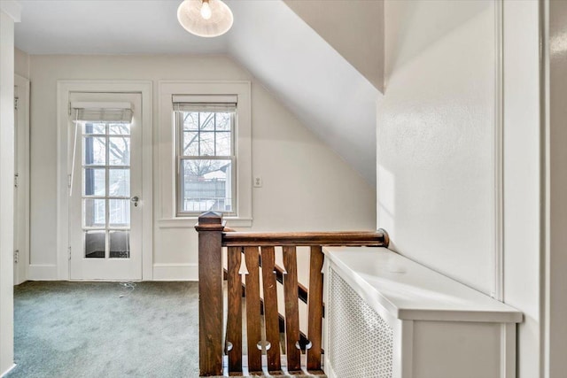 interior space featuring carpet and vaulted ceiling