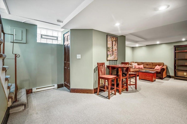 interior space with carpet floors, recessed lighting, stairway, and baseboard heating