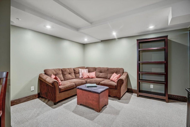 living area featuring recessed lighting, carpet, and baseboards