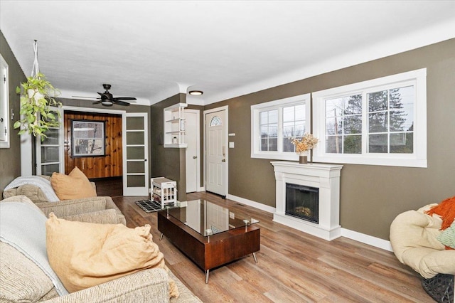 living room with hardwood / wood-style floors and ceiling fan