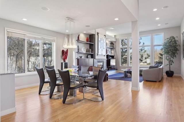 3529 Green Ridge Rd, Minnetonka, MN 55305 - dining room with baseboards, recessed lighting, light wood-style floors, and a fireplace