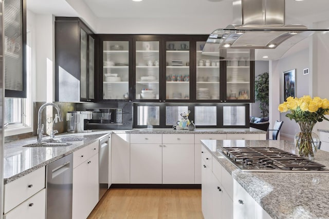 3529 Green Ridge Rd, Minnetonka, MN 55305 - kitchen with appliances with stainless steel finishes, a sink, light wood-type flooring, glass insert cabinets, and white cabinets