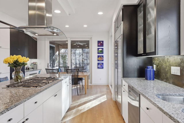 3529 Green Ridge Rd, Minnetonka, MN 55305 - kitchen with stainless steel appliances, light wood finished floors, island exhaust hood, a ceiling fan, and glass insert cabinets