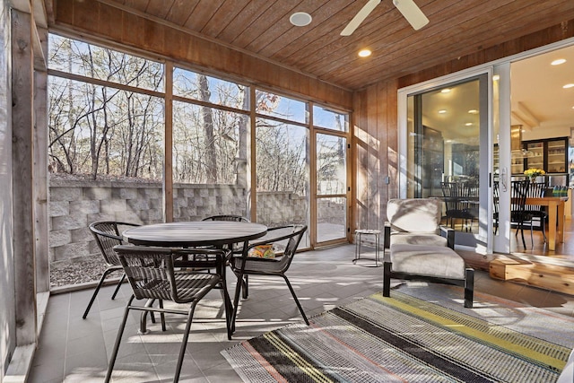 3529 Green Ridge Rd, Minnetonka, MN 55305 - sunroom / solarium featuring wooden ceiling, outdoor dining space, a ceiling fan, wooden walls, and recessed lighting