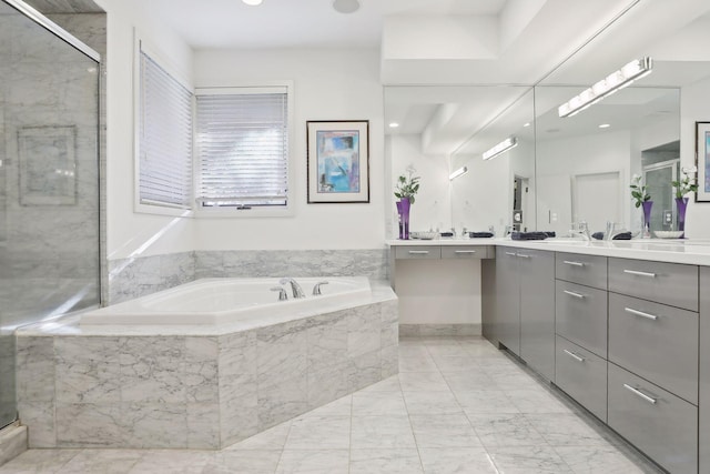 3529 Green Ridge Rd, Minnetonka, MN 55305 - full bath featuring a shower stall, vanity, a bath, and marble finish floors