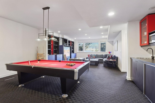 3529 Green Ridge Rd, Minnetonka, MN 55305 - rec room featuring a sink, dark carpet, billiards table, recessed lighting, and baseboards