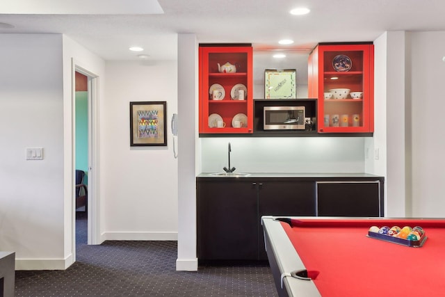 3529 Green Ridge Rd, Minnetonka, MN 55305 - recreation room with dark colored carpet, baseboards, bar with sink, billiards table, and recessed lighting