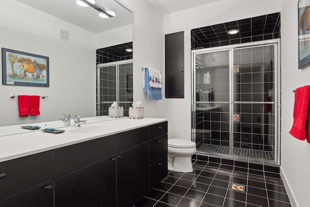 3529 Green Ridge Rd, Minnetonka, MN 55305 - bathroom featuring a stall shower, tile patterned floors, toilet, and vanity