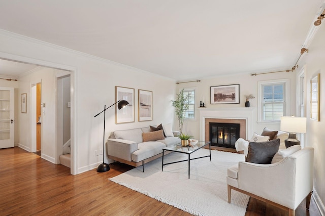 living room with plenty of natural light, wood-type flooring, and ornamental molding