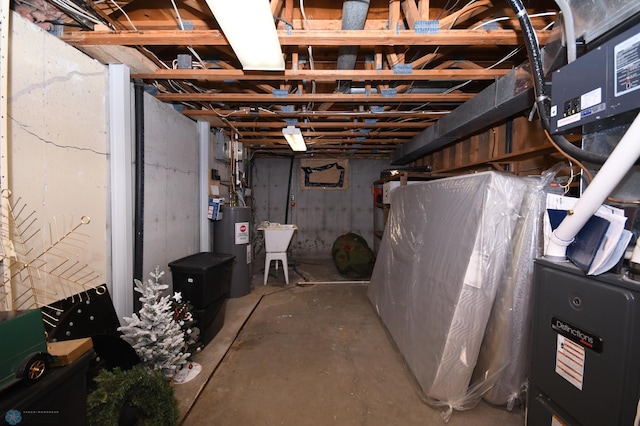 basement with sink and water heater