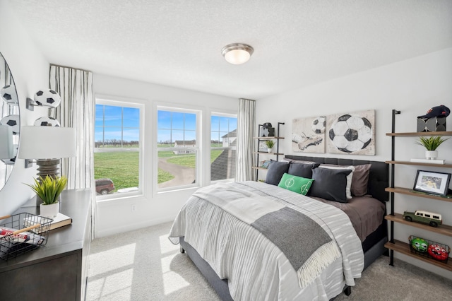 bedroom featuring a textured ceiling, light carpet, and multiple windows