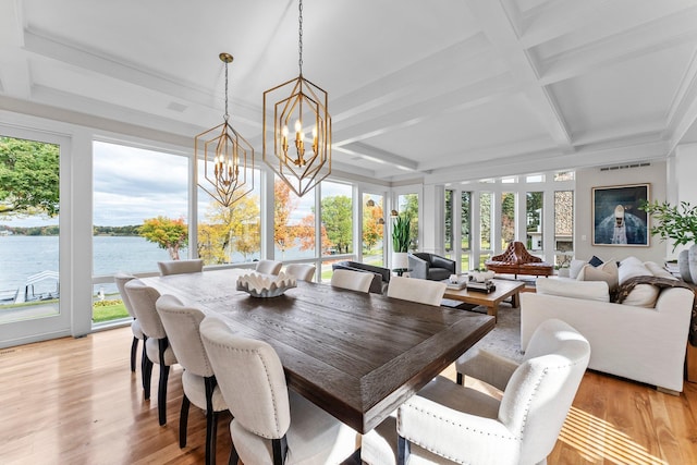 sunroom with a water view, coffered ceiling, beam ceiling, and a chandelier