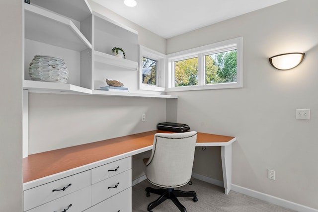 carpeted office with built in desk