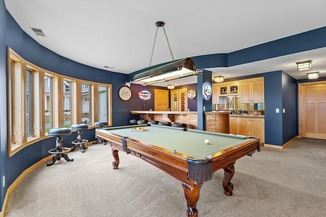 game room with light colored carpet and pool table