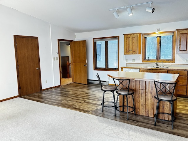 kitchen with a breakfast bar, a kitchen island, dark colored carpet, a baseboard radiator, and sink