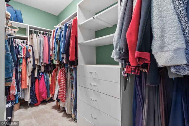 walk in closet with carpet