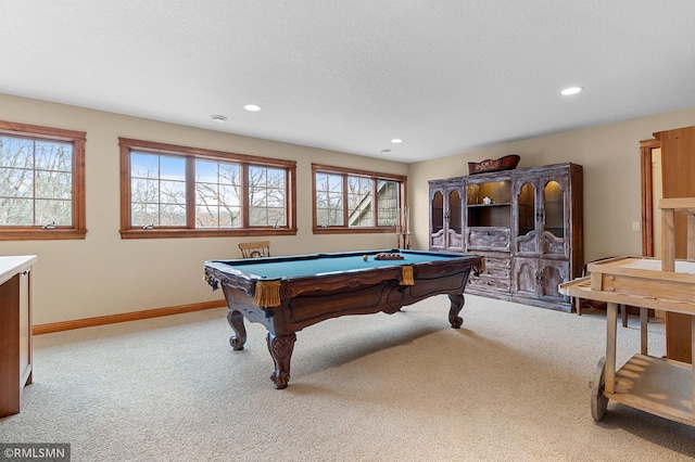 game room featuring pool table and light carpet