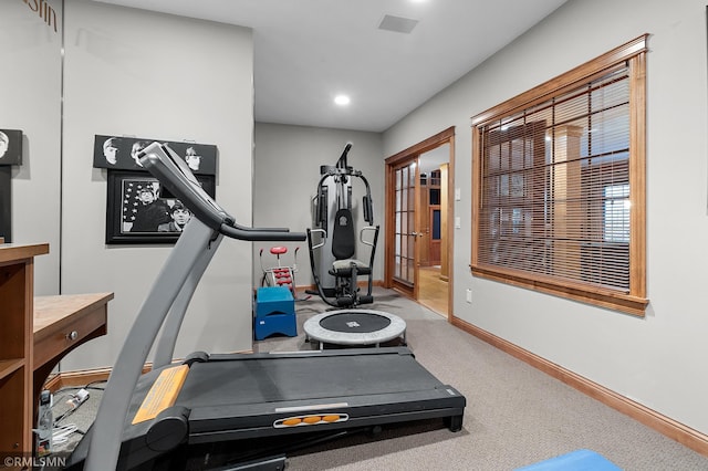 workout room featuring carpet floors