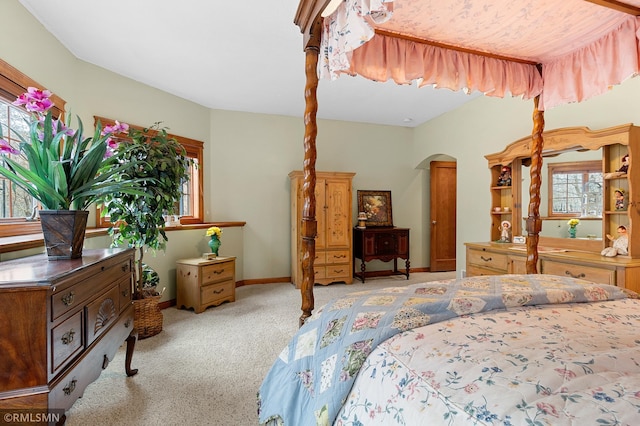 carpeted bedroom featuring multiple windows