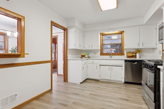 kitchen with white cabinetry, sink, appliances with stainless steel finishes, and light hardwood / wood-style flooring