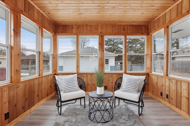 sunroom featuring plenty of natural light and wood ceiling