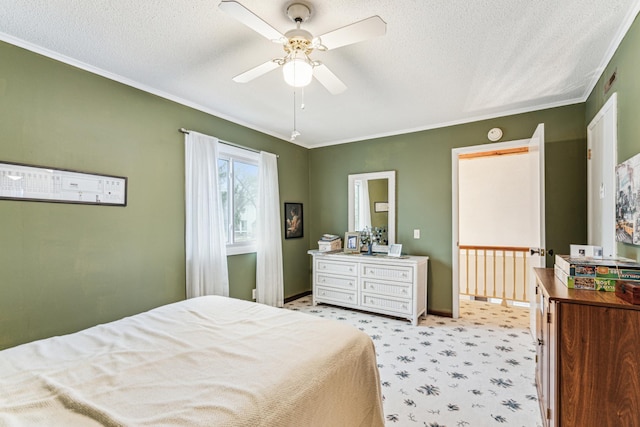 5945 Kellogg Ave, Edina, MN 55424 - bedroom featuring light colored carpet, baseboards, crown molding, a textured ceiling, and ceiling fan