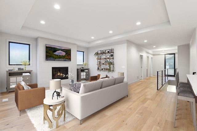 living room with a raised ceiling and light hardwood / wood-style floors