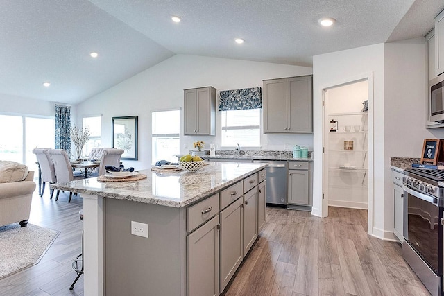 kitchen with light hardwood / wood-style floors, a center island, lofted ceiling, and appliances with stainless steel finishes