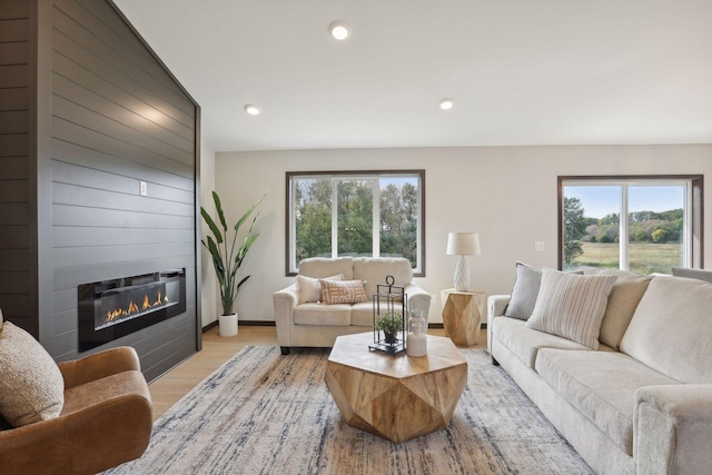 living room featuring a fireplace, light wood-type flooring, and a wealth of natural light