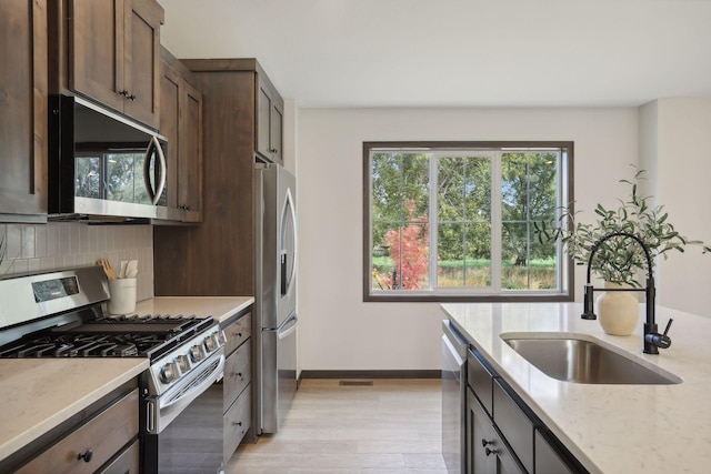 kitchen featuring backsplash, sink, appliances with stainless steel finishes, light stone counters, and dark brown cabinetry