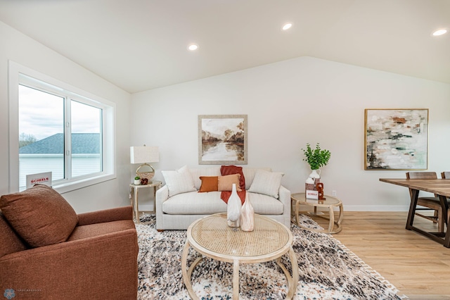 living room featuring lofted ceiling and wood-type flooring