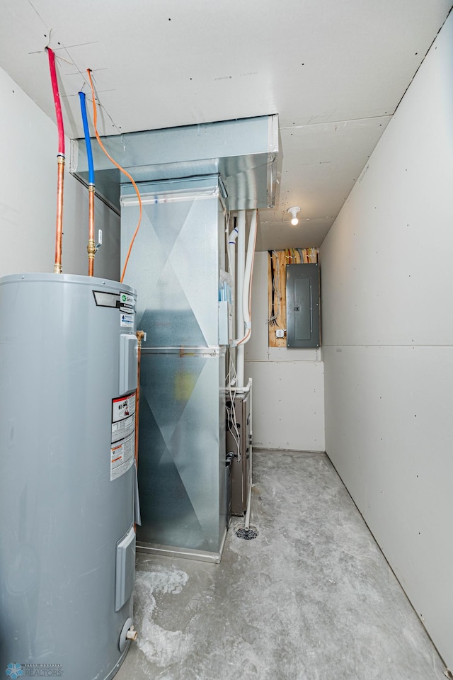 utility room featuring electric panel and water heater