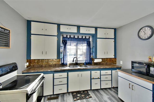 303 Alexandria St NW, Evansville, MN 56326 - kitchen featuring decorative backsplash, light wood-type flooring, white range with electric stovetop, sink, and white cabinetry