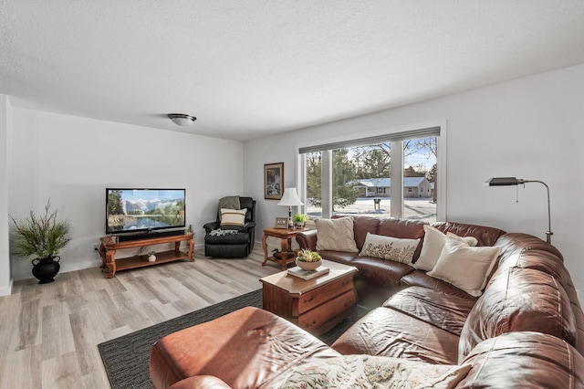 living room featuring a textured ceiling and light hardwood / wood-style floors