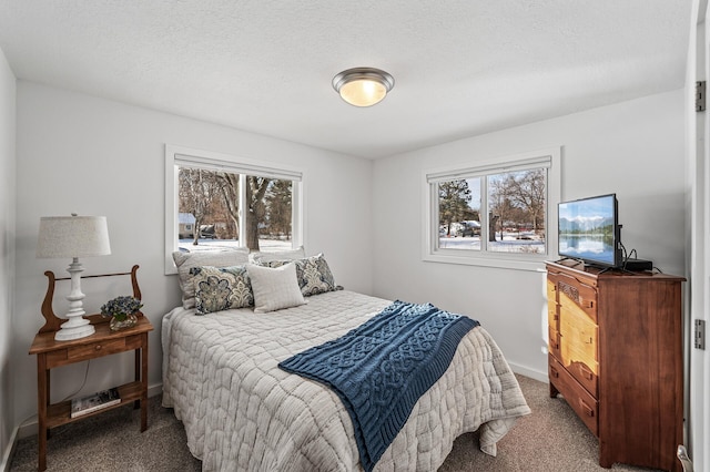 bedroom featuring multiple windows, a textured ceiling, and carpet flooring