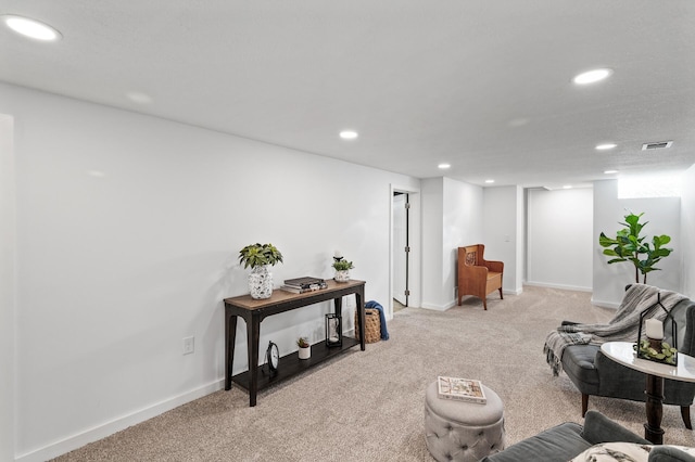 sitting room featuring light carpet