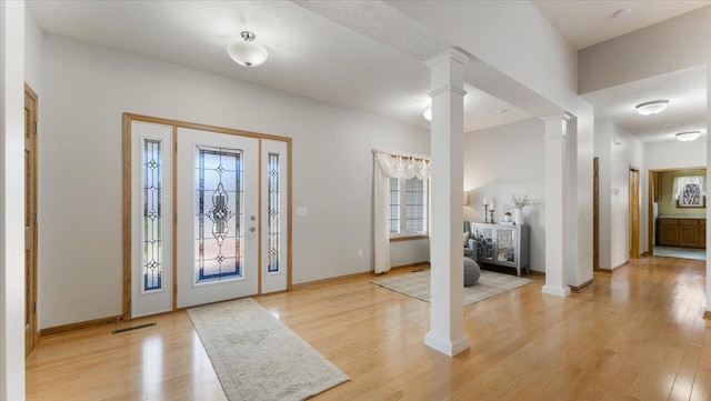 24455 Crocus St NW, Saint Francis, MN 55070 - entryway featuring ornate columns, light wood-style floors, and a healthy amount of sunlight