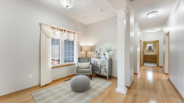 24455 Crocus St NW, Saint Francis, MN 55070 - living area with light wood-style floors, baseboards, ornate columns, and visible vents
