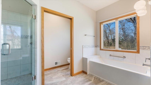 24455 Crocus St NW, Saint Francis, MN 55070 - full bathroom with visible vents, a bath, a healthy amount of sunlight, and a shower stall