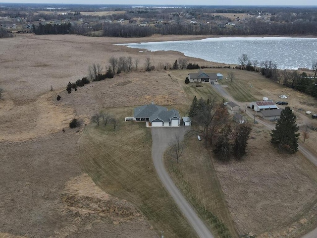 bird's eye view with a rural view and a water view