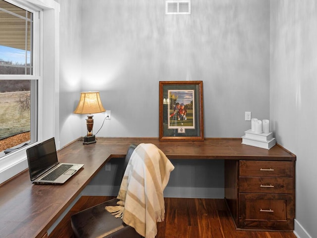 office with dark hardwood / wood-style flooring and built in desk