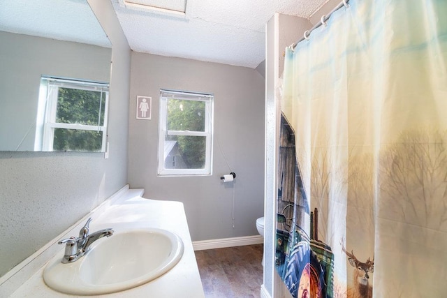 bathroom featuring vanity, hardwood / wood-style flooring, toilet, a textured ceiling, and walk in shower