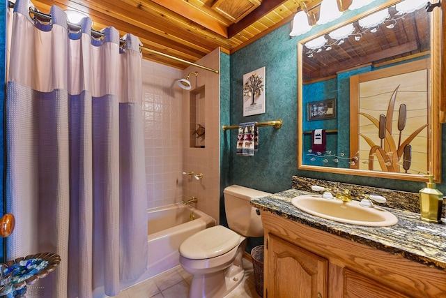 full bathroom with shower / tub combo, vanity, wooden ceiling, tile patterned flooring, and toilet