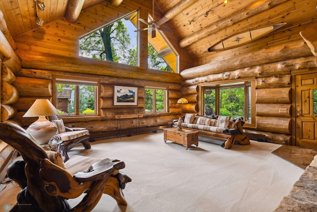 living room with high vaulted ceiling, ceiling fan, log walls, beam ceiling, and wood ceiling