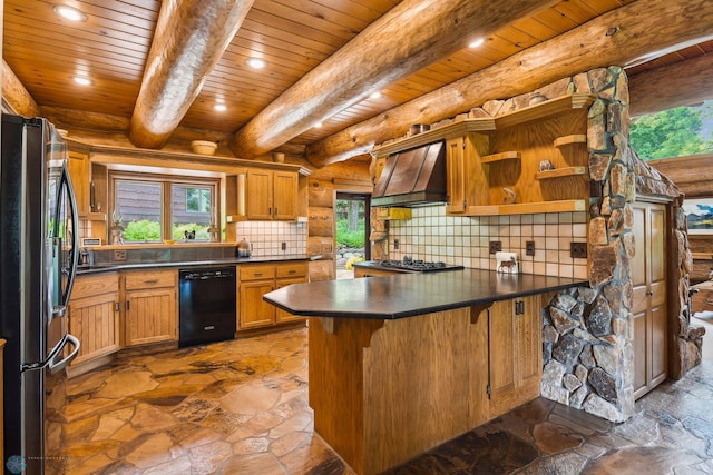 kitchen with kitchen peninsula, premium range hood, wood ceiling, a breakfast bar, and stainless steel appliances