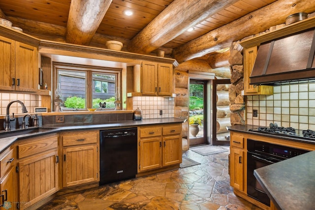 kitchen featuring wooden ceiling, sink, beamed ceiling, and black appliances