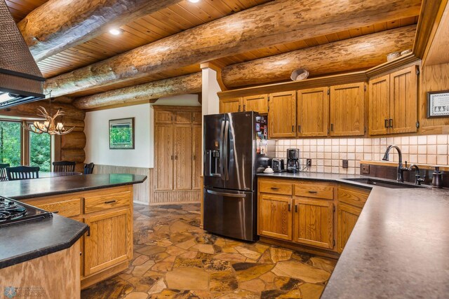 kitchen featuring wooden ceiling, sink, hanging light fixtures, a notable chandelier, and stainless steel fridge with ice dispenser