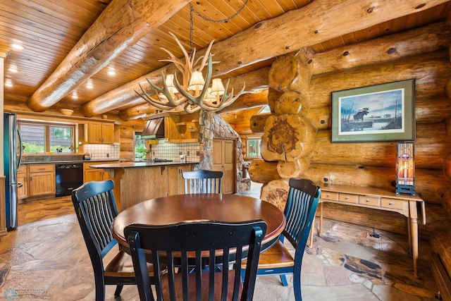 dining room with rustic walls, wooden ceiling, and a chandelier